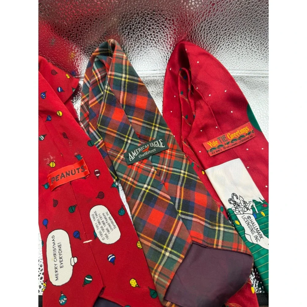 Mens Christmas Tie Lot Peanuts Charlie Brown American Eagle Plaid Santa 3pc